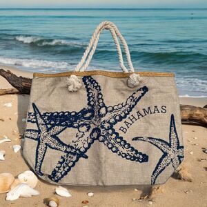 Canvas Tote Bag Large 21.5x15.5 Seashell Lined Beach Bag w/ Pocket Bahamas